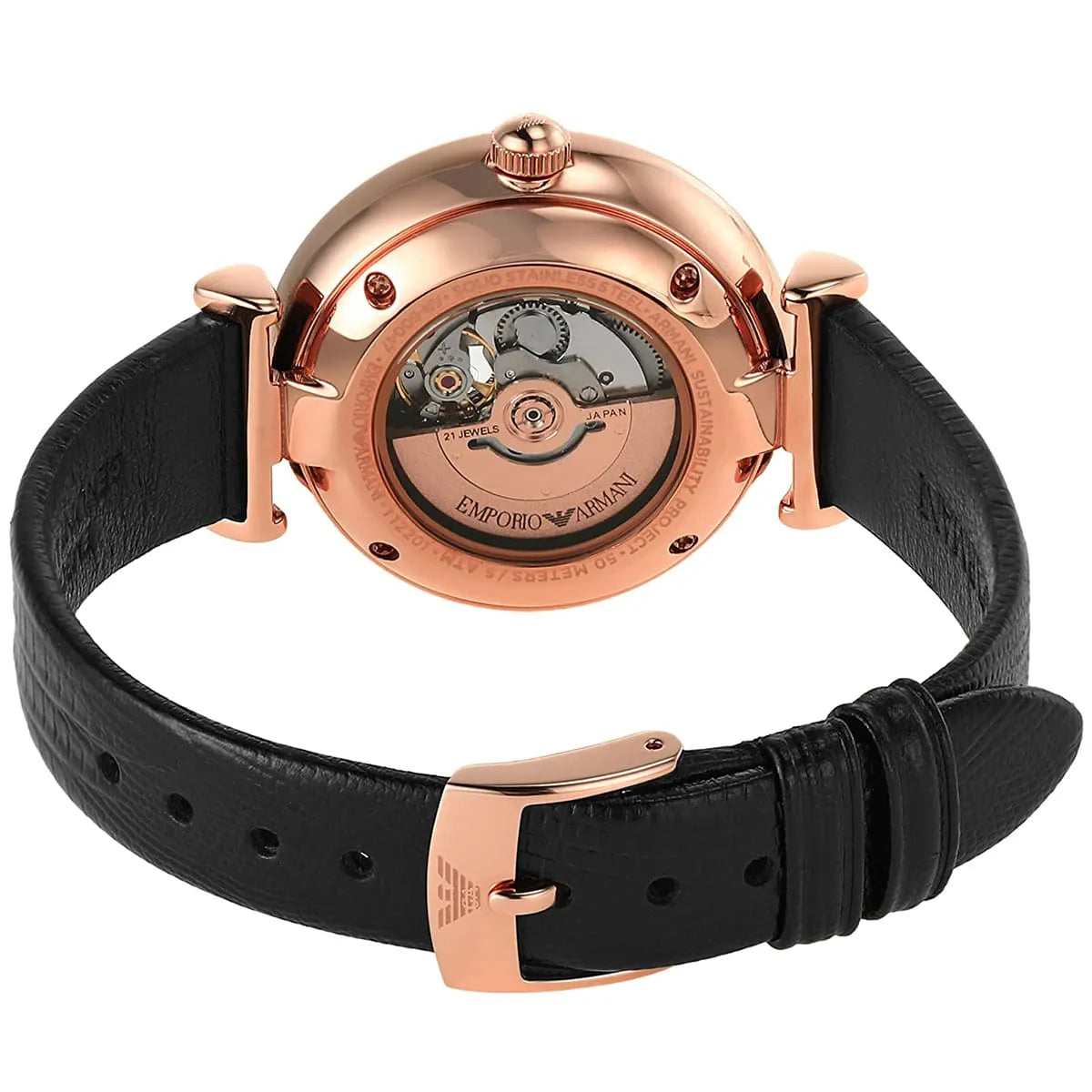Caseback of Emporio Armani Gianni T-Bar with visible automatic movement and rotor