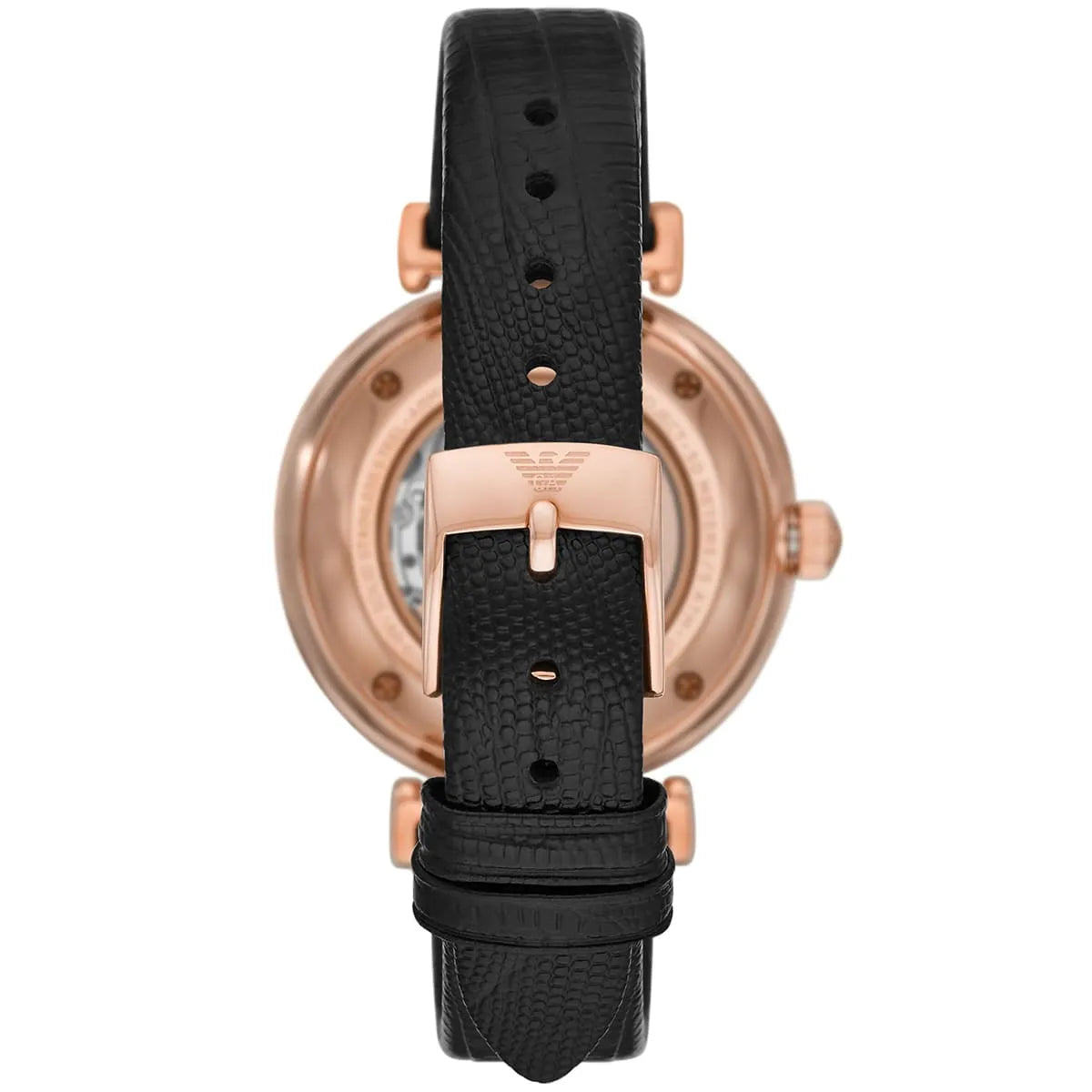 Caseback of Emporio Armani Gianni T-Bar showing automatic movement through transparent crystal