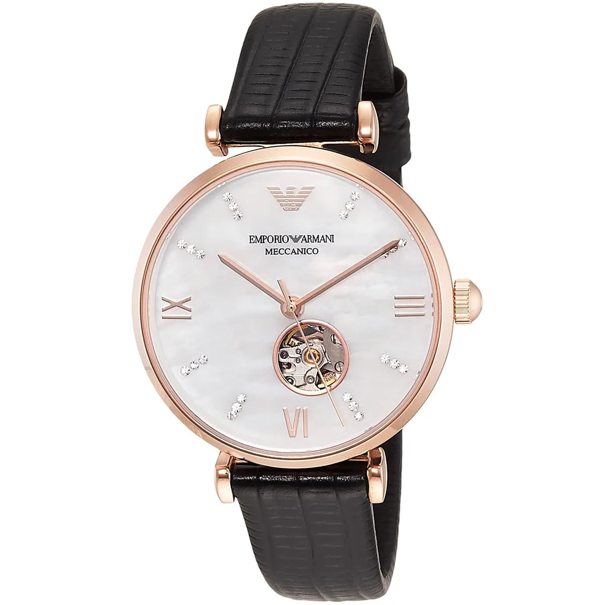 Emporio Armani Gianni T-Bar automatic watch with white mother-of-pearl dial and rose gold case