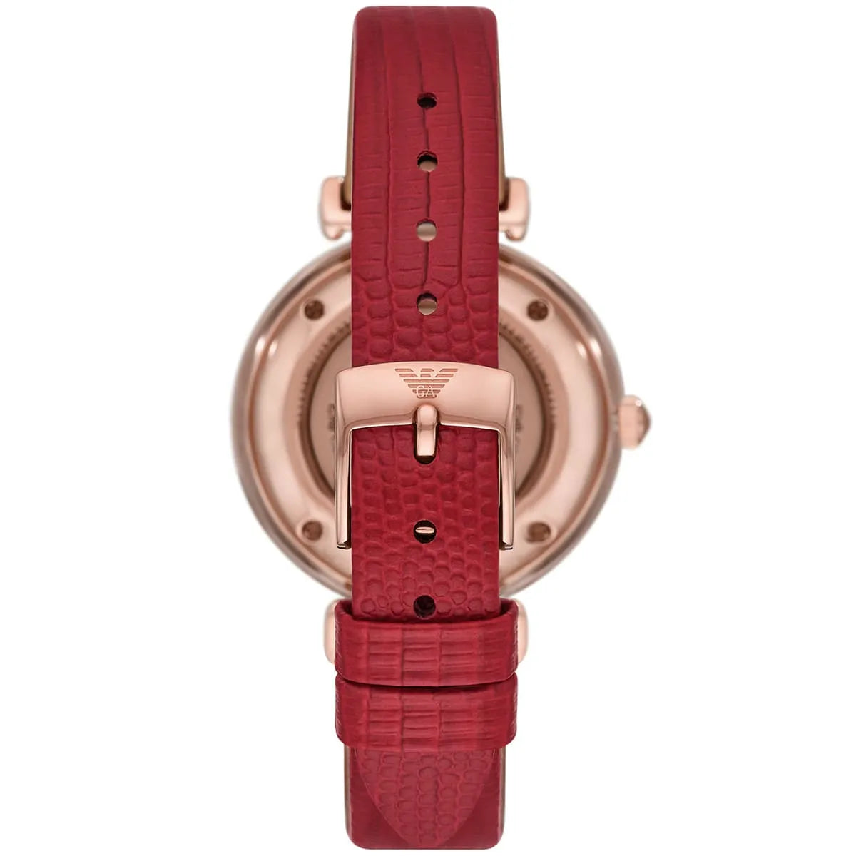 Emporio Armani Meccanico watch caseback showing rose gold case back and visible movement