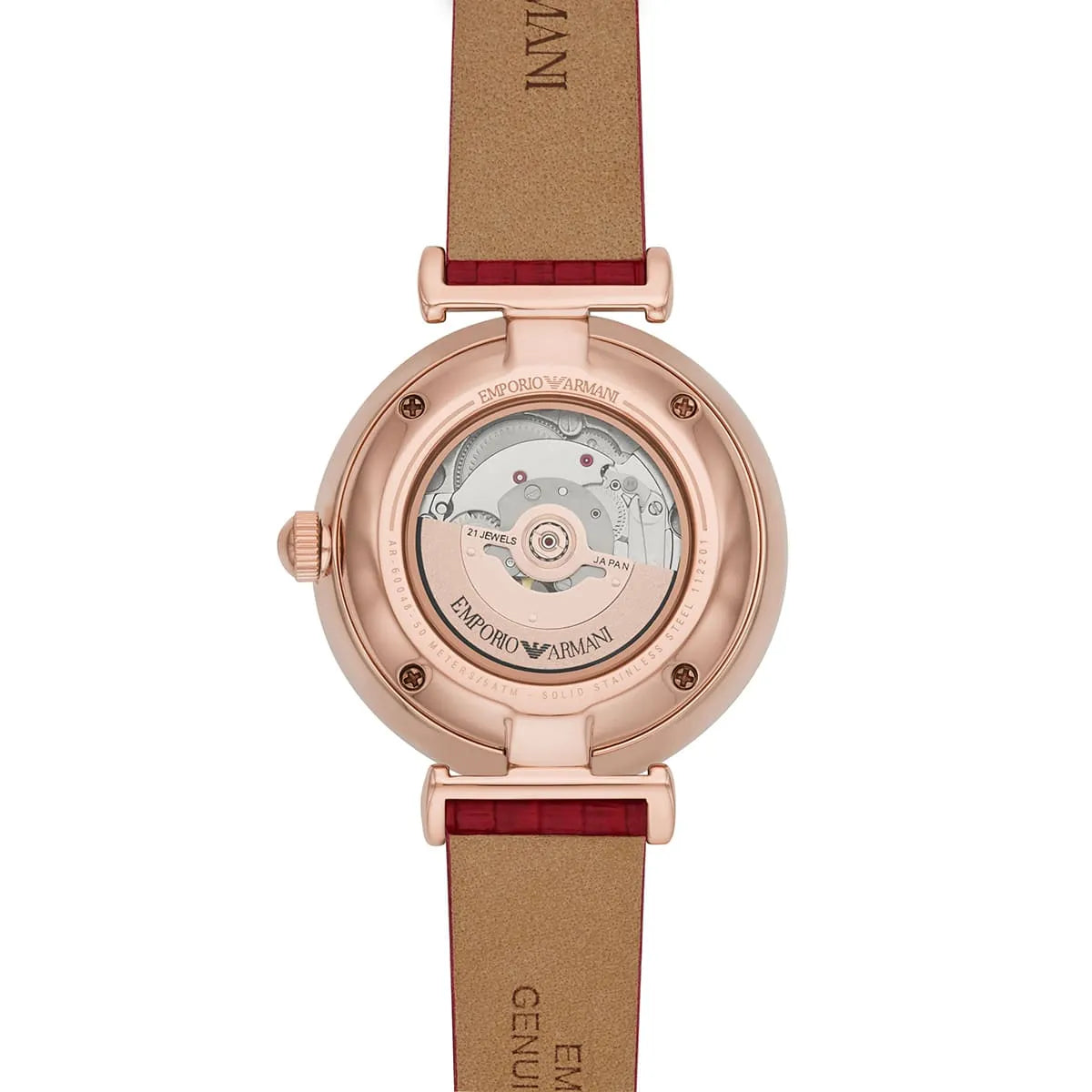 Emporio Armani Meccanico watch caseback displaying automatic movement through transparent exhibition case