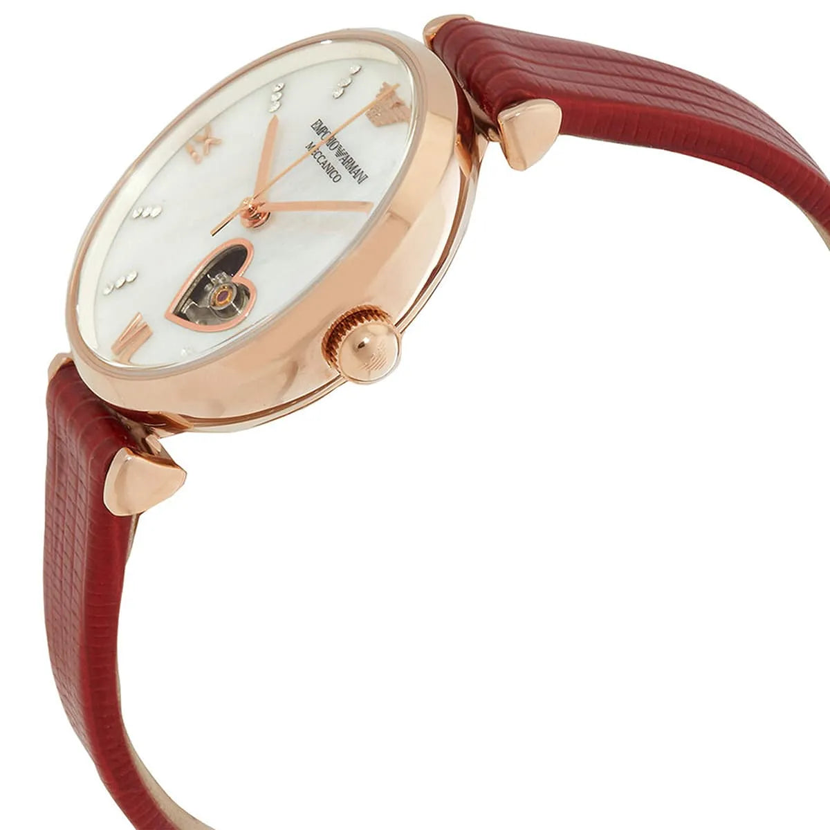Emporio Armani Meccanico women's watch side view showing rose gold case and red crocodile-embossed leather strap