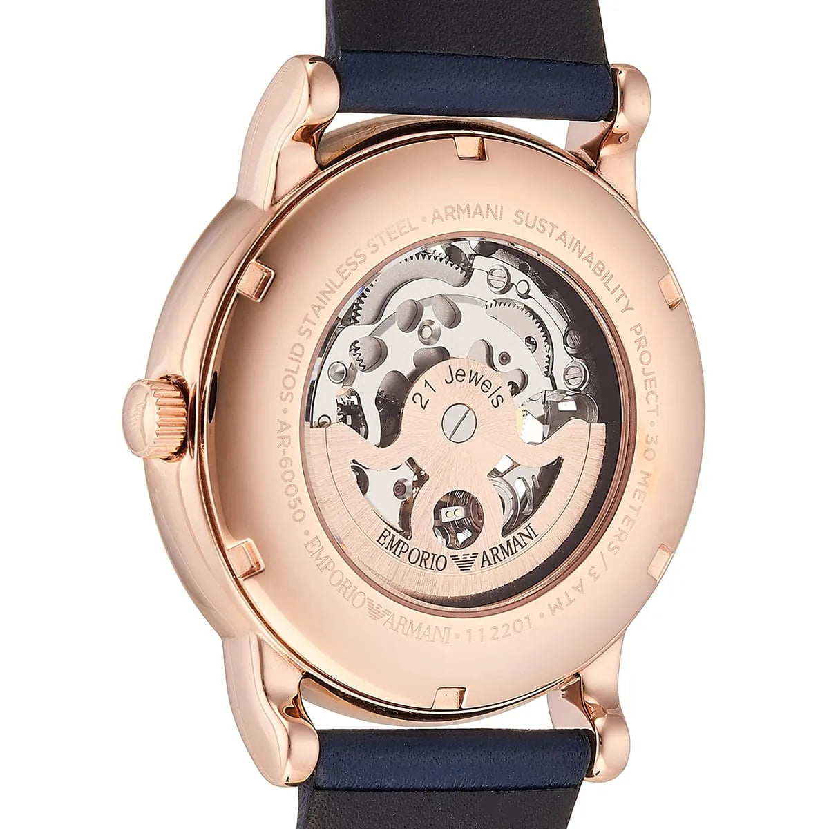 Emporio Armani Meccanico AR60050 caseback with transparent crystal showing jeweled automatic movement