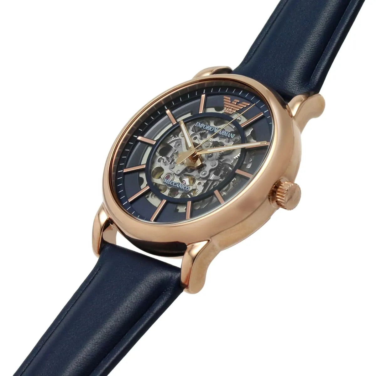Emporio Armani Meccanico AR60050 skeleton dial with visible mechanical movement and rose gold case