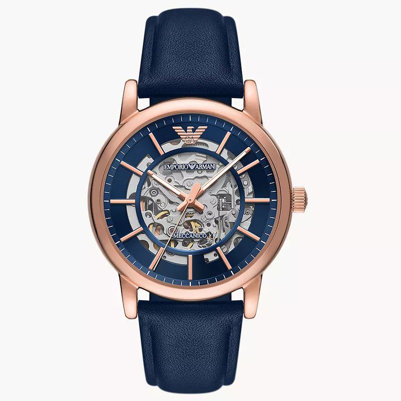 Emporio Armani Meccanico AR60050 watch face showing blue dial with visible skeleton movement and rose gold hands