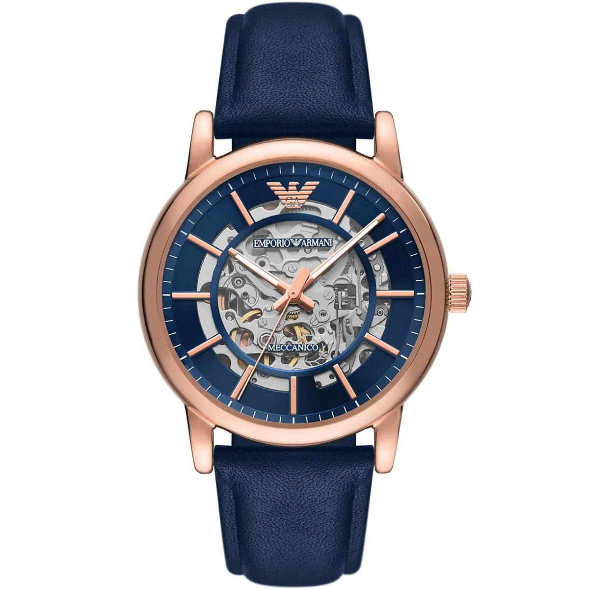 Emporio Armani Meccanico AR60050 automatic watch with rose gold case, blue skeleton dial, and blue leather strap
