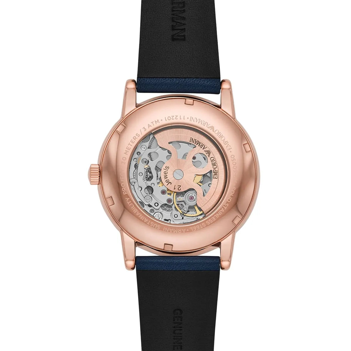 Emporio Armani Meccanico AR60050 transparent caseback exposing automatic movement and mechanical components