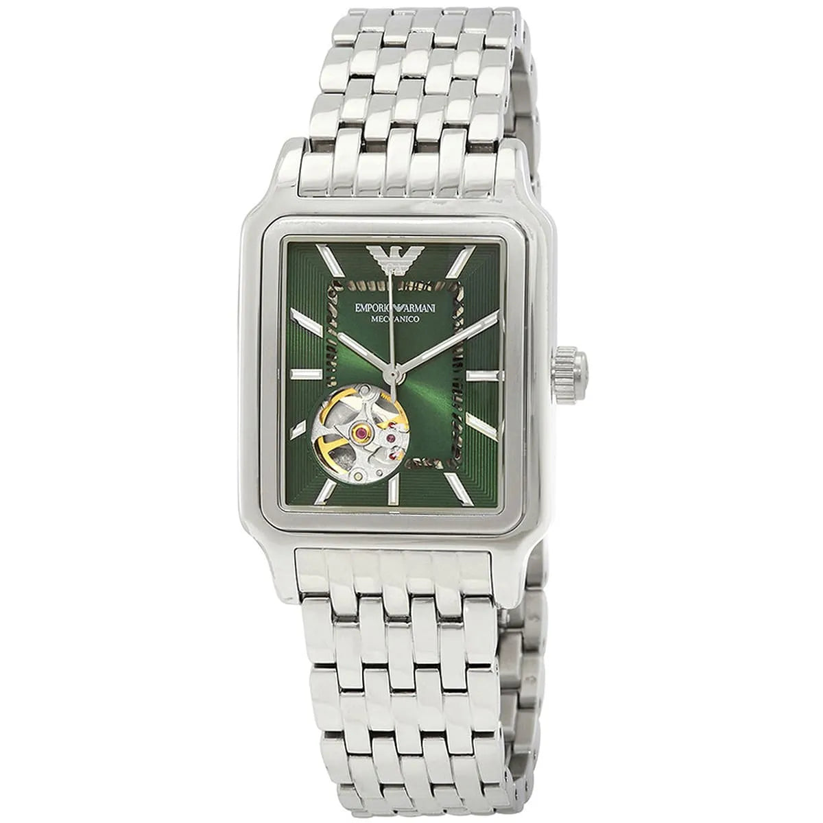 Emporio Armani Meccanico AR60067 watch angled view showing green sunburst dial and skeleton window on silver bracelet
