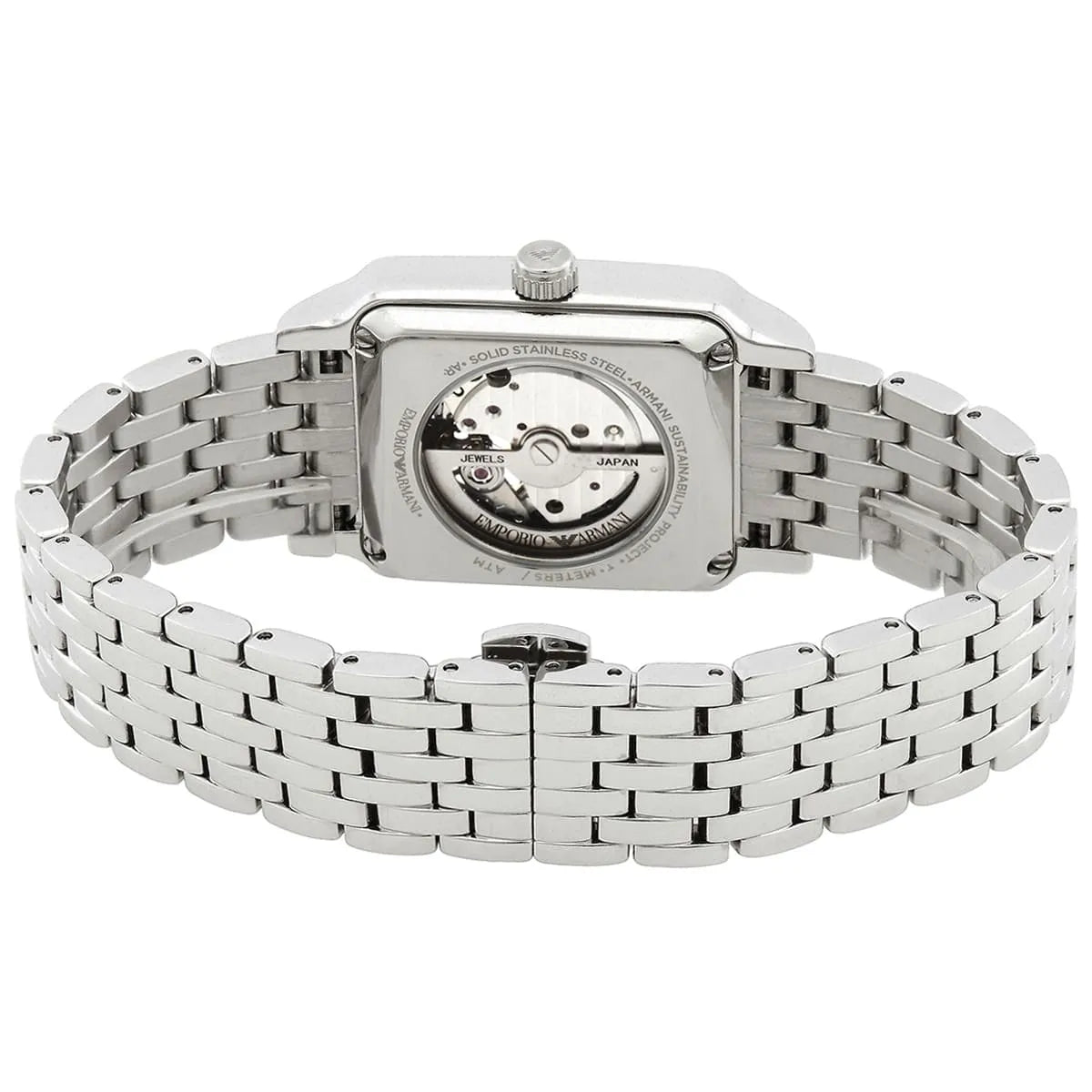 Emporio Armani Meccanico AR60067 transparent caseback displaying visible automatic watch movement and silver strap
