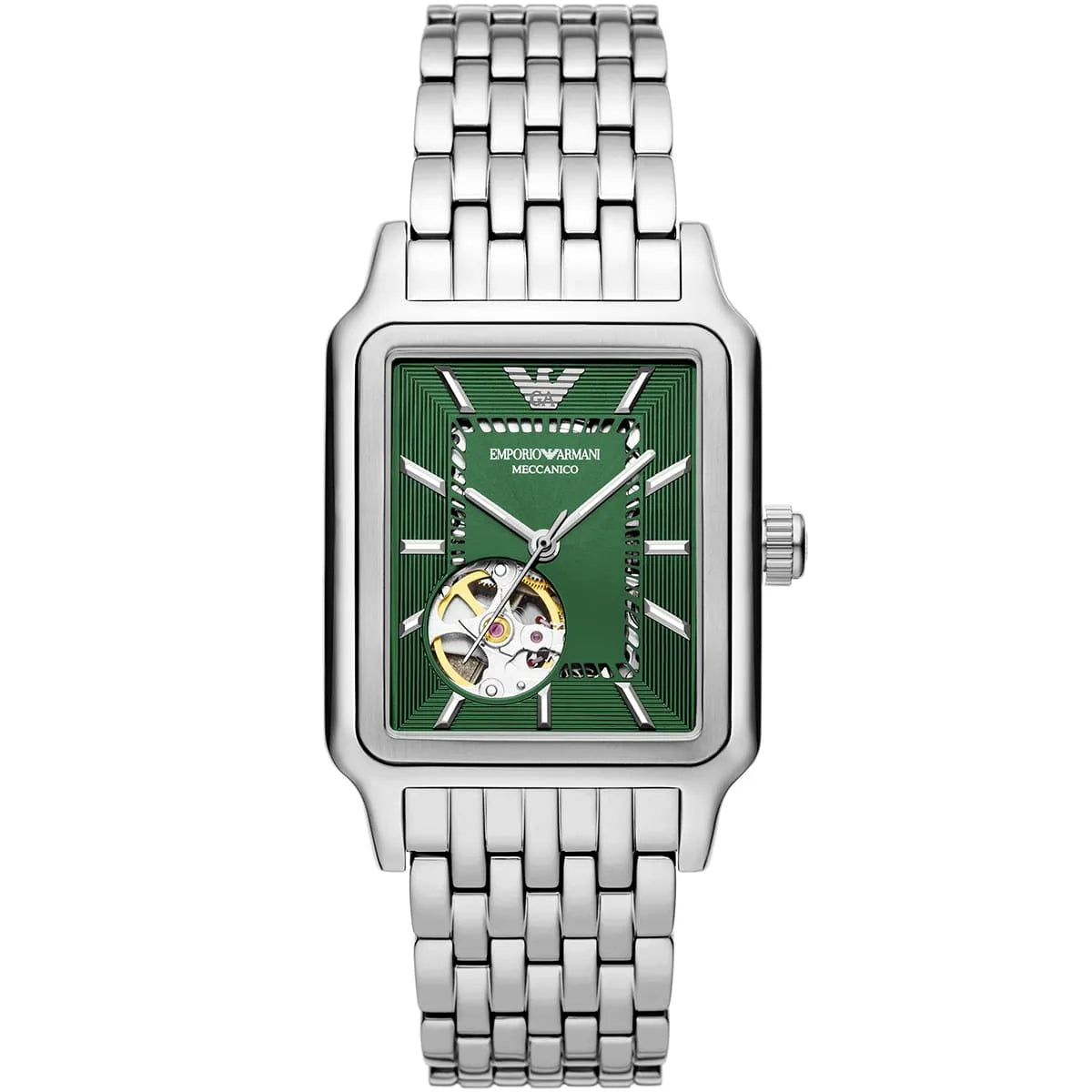 Emporio Armani Meccanico AR60067 square watch with green dial, visible automatic movement, silver stainless steel bracelet