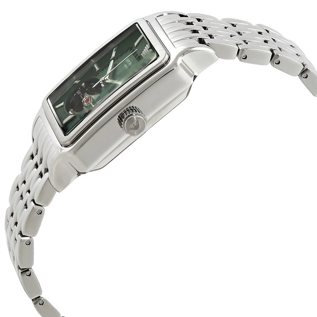 Emporio Armani Meccanico AR60067 worn on wrist angled view with silver stainless steel strap and green dial visible