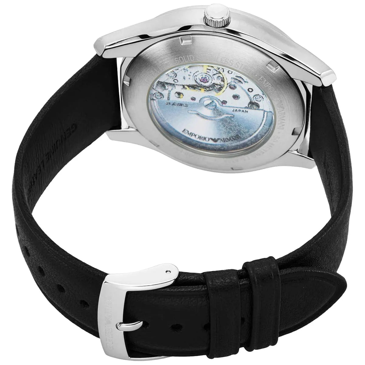 Emporio Armani AR60077 caseback showing automatic movement through transparent back