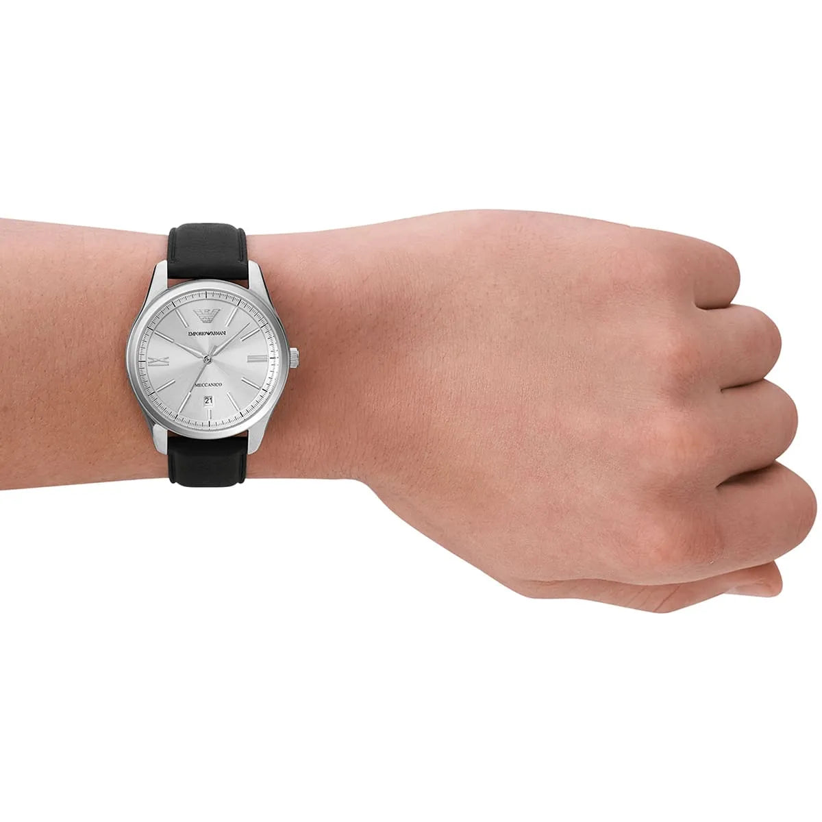 Emporio Armani AR60077 automatic watch worn on wrist with silver dial and black strap