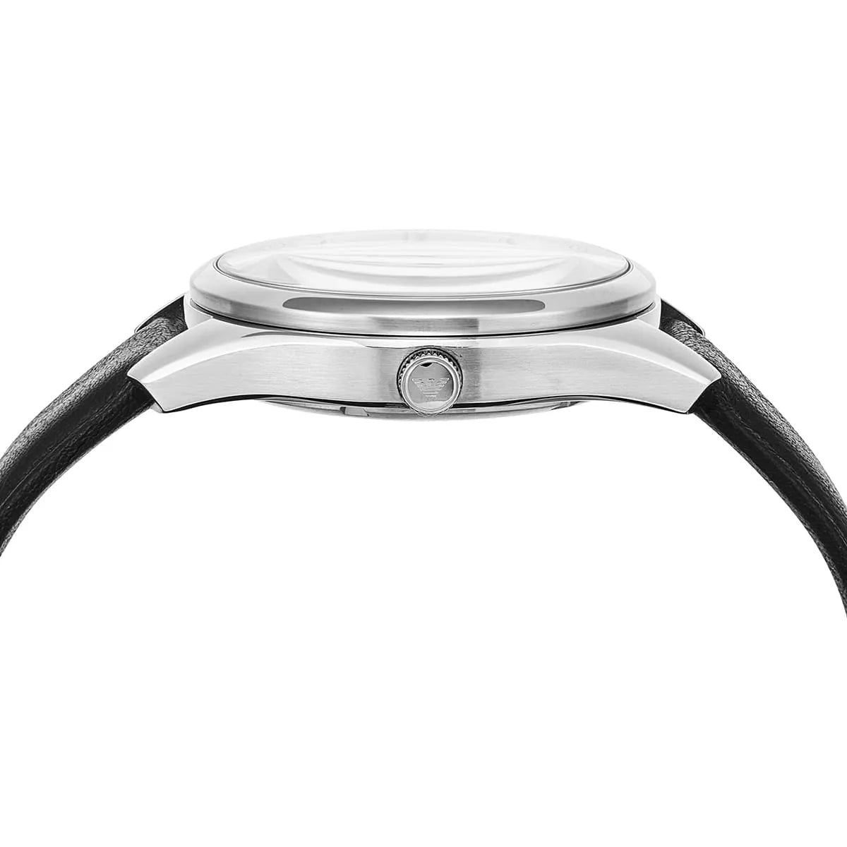Emporio Armani AR60077 watch side profile showing case depth and black leather strap