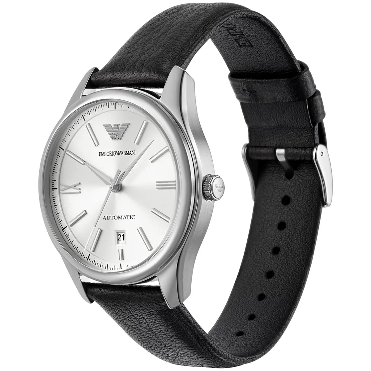 Emporio Armani AR60077 watch side view with black leather strap and silver case