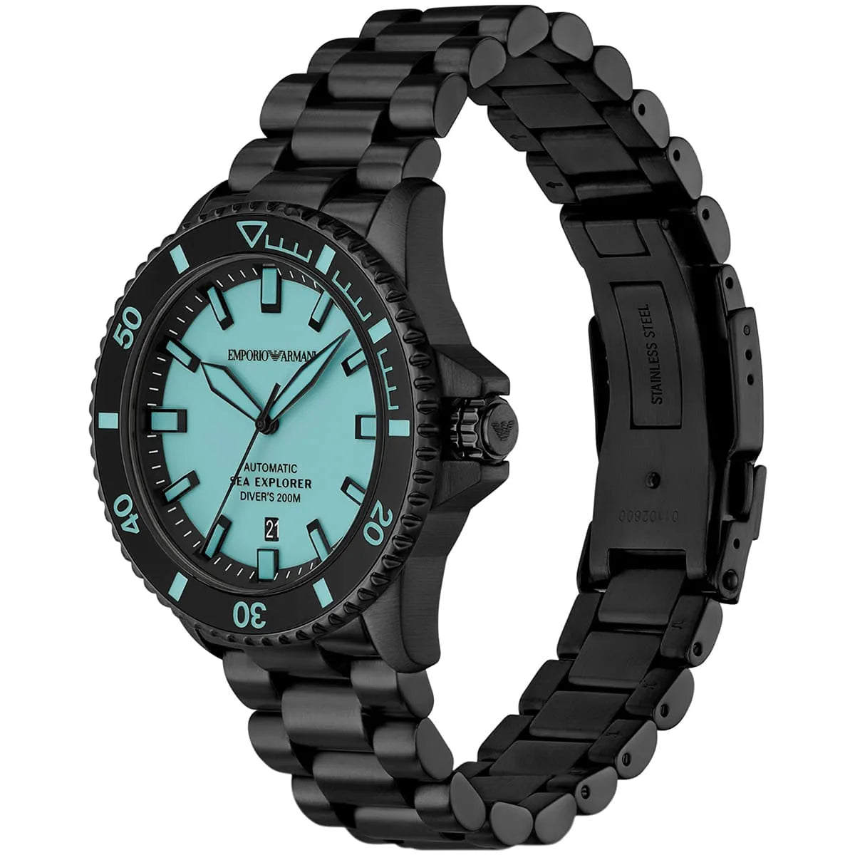Emporio Armani Sea Explorer watch shown at angle with black stainless steel bracelet visible