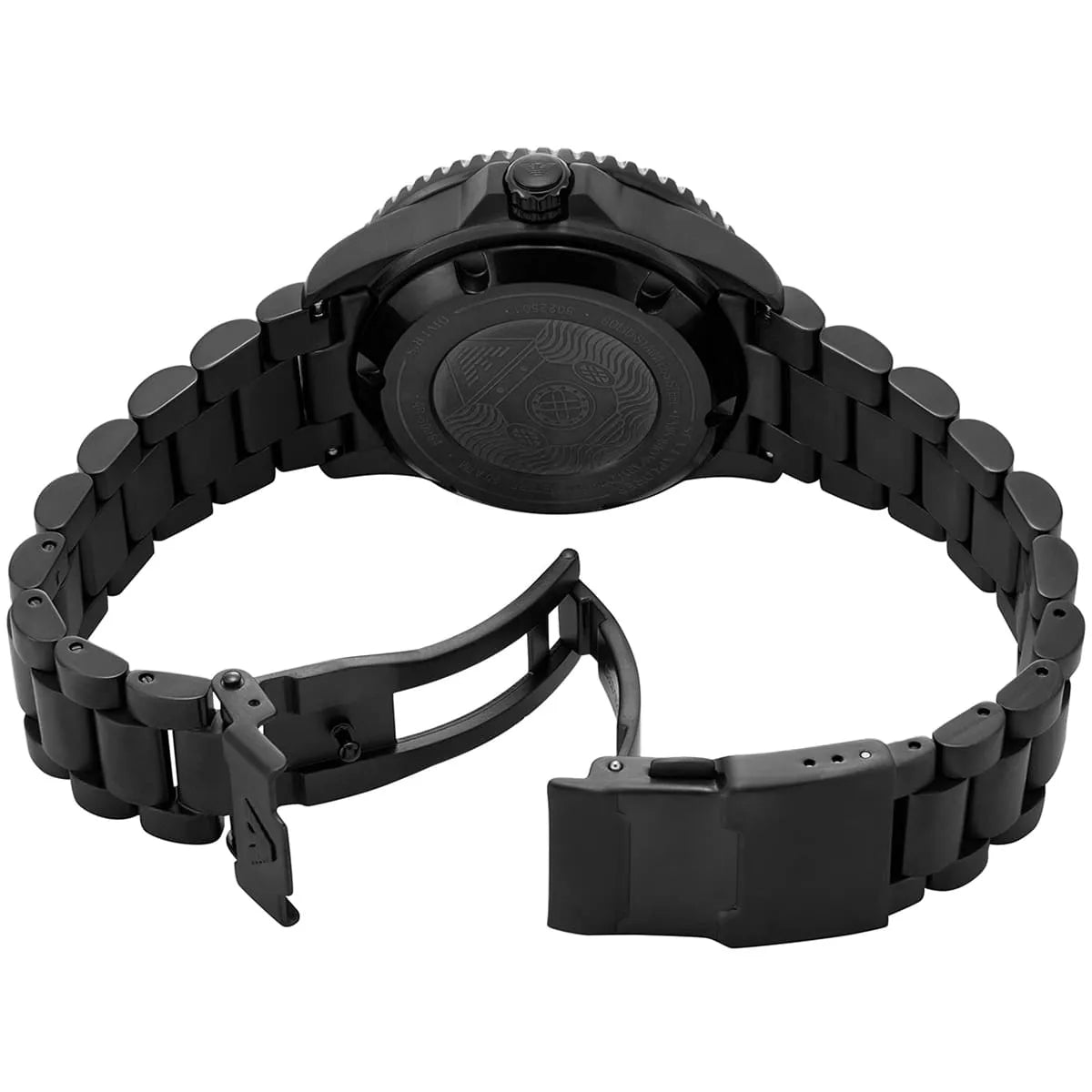 Emporio Armani Sea Explorer caseback showing black stainless steel case and strap with fold-over clasp