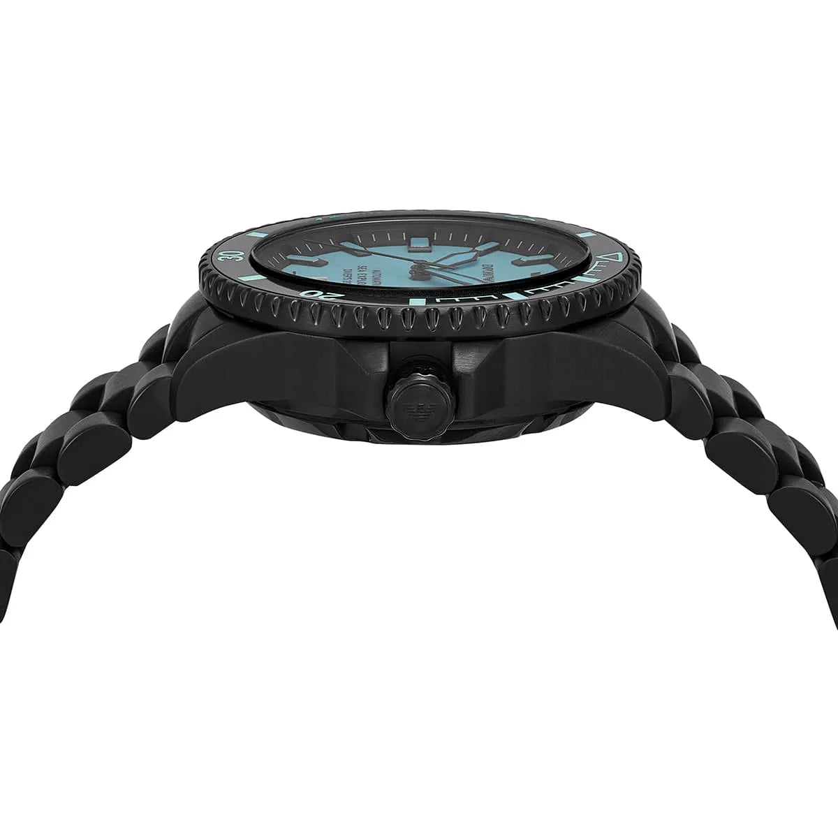 Side profile of Emporio Armani Sea Explorer showing black case with crown and rotating bezel