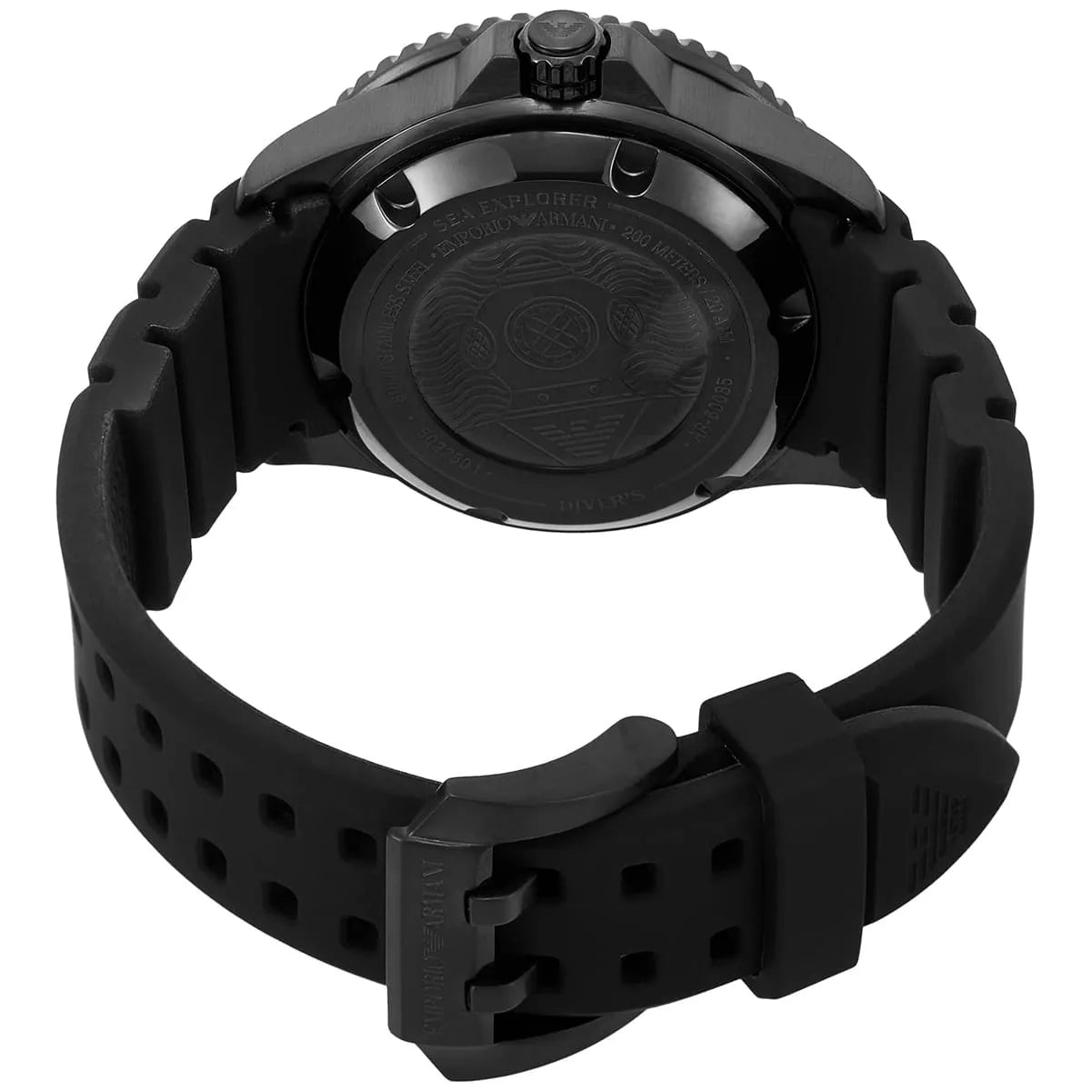 Emporio Armani Sea Explorer watch caseback showing black silicone strap