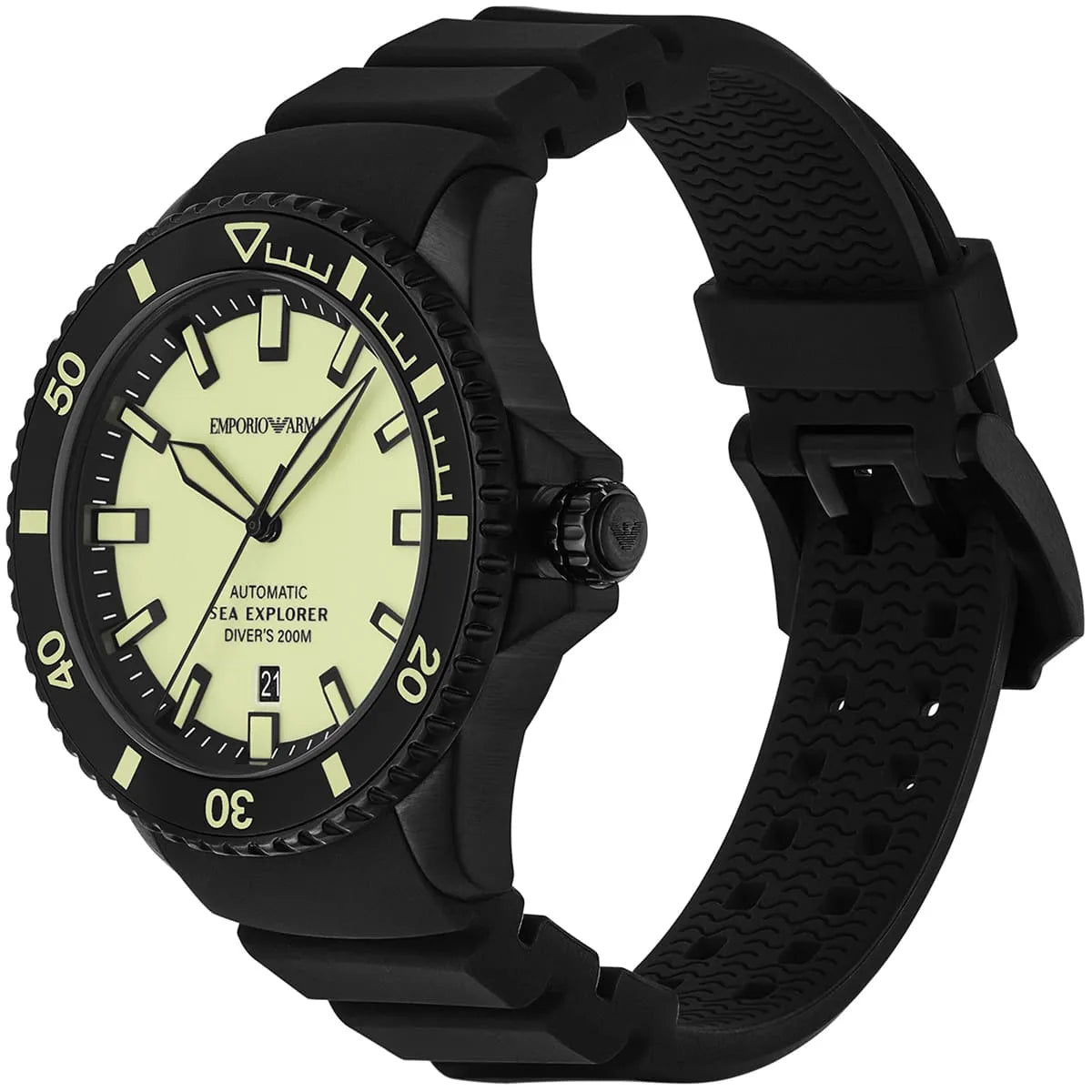 Emporio Armani Sea Explorer watch side view displaying case profile and strap