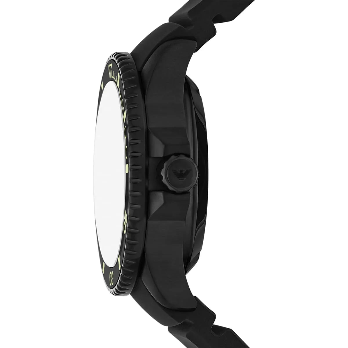 Emporio Armani Sea Explorer watch side profile showing case thickness and crown