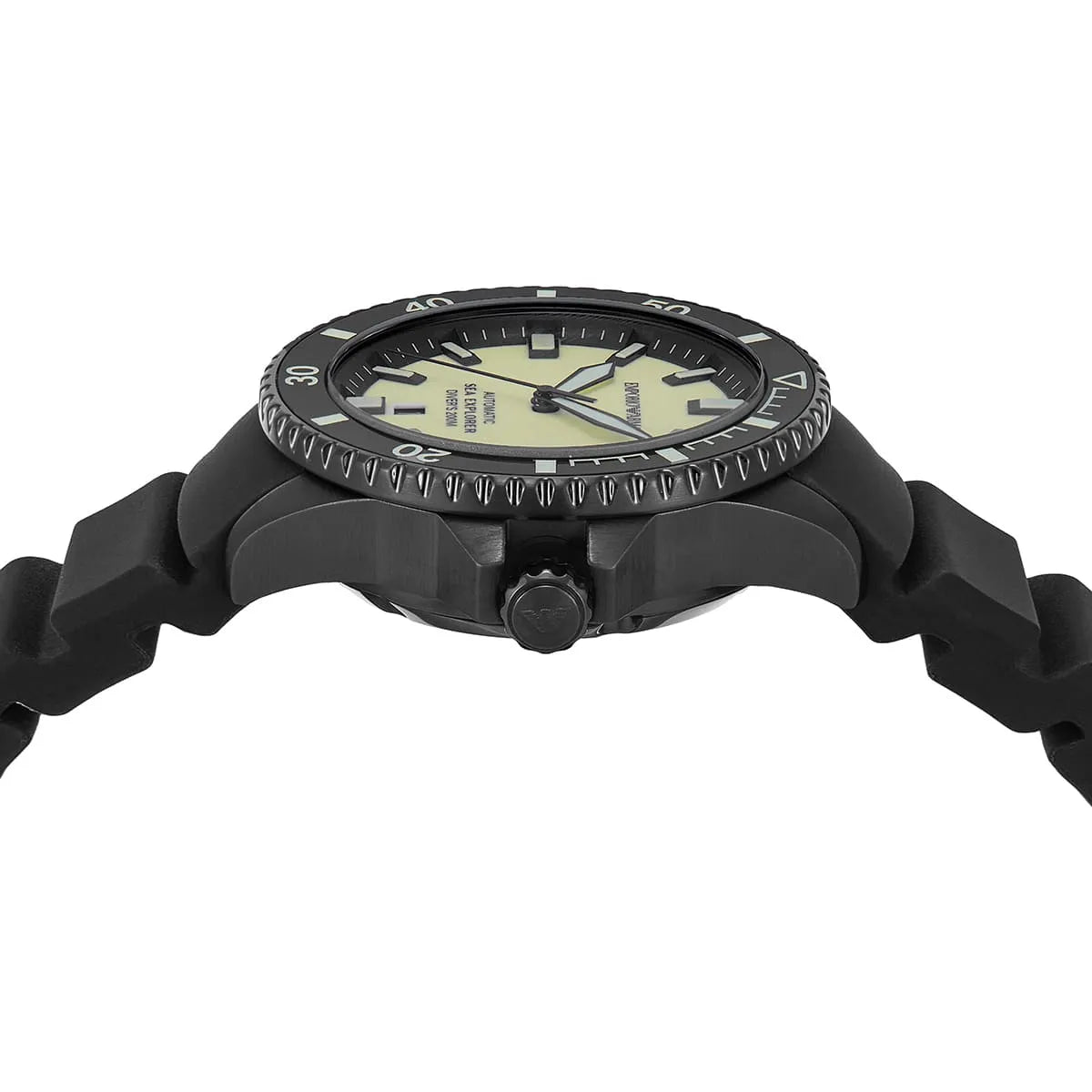 Emporio Armani Sea Explorer watch top view displaying dial and rotating bezel