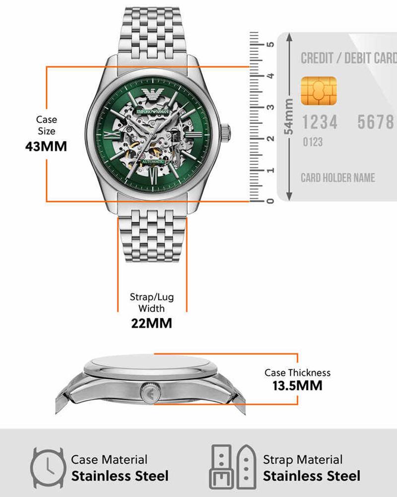 Emporio Armani AR60091 specifications showing 43MM case, 22MM strap width, and dimensions