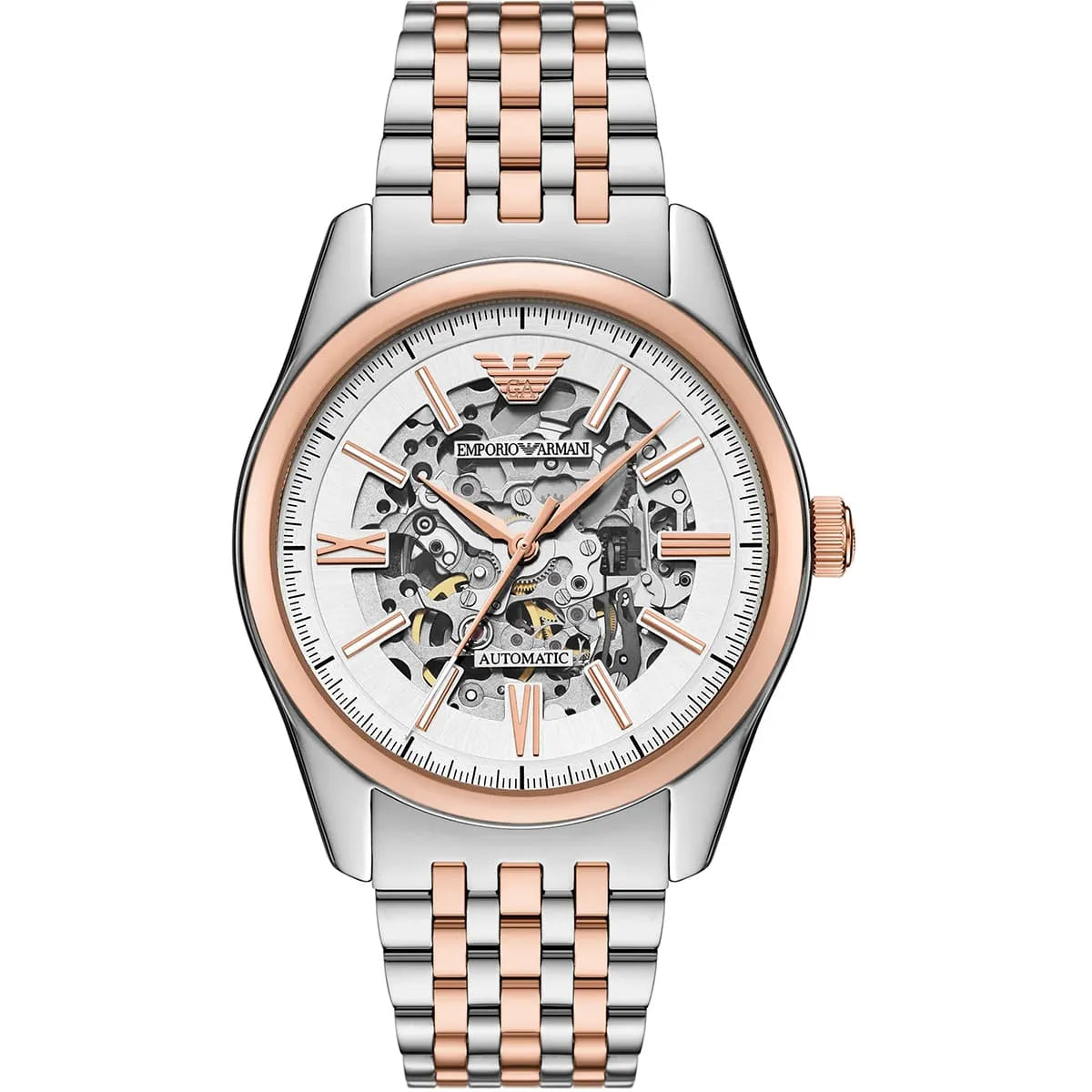 Emporio Armani AR60092 automatic watch with two-tone silver and rose gold case and bracelet