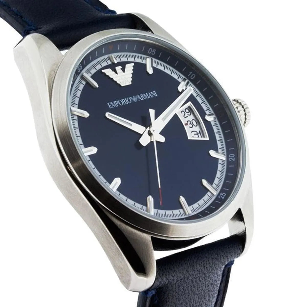 AR6017 New Tazio watch side angle showing blue dial, date window, and navy leather strap