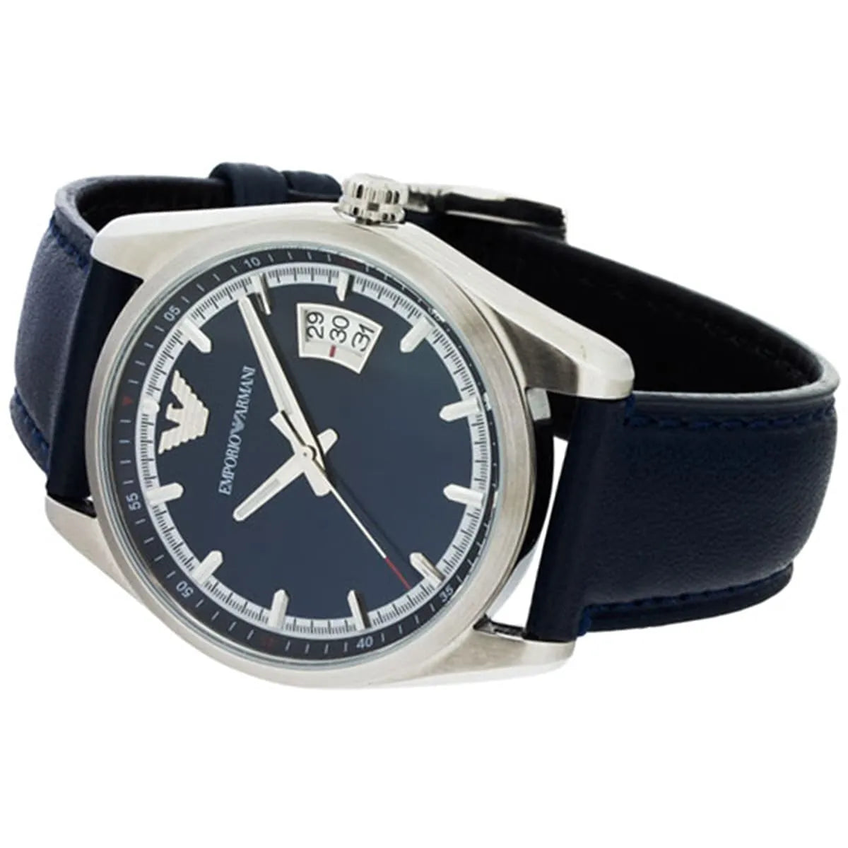 AR6017 New Tazio watch showing blue dial, date window, and navy leather strap detail