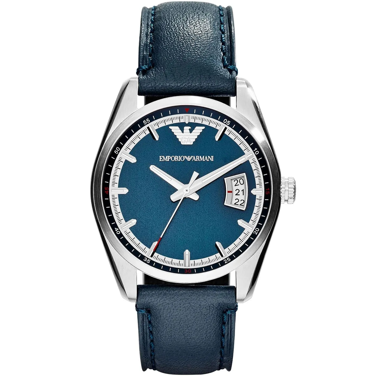 Emporio Armani AR6017 New Tazio watch with blue dial, silver case, and dark blue leather strap