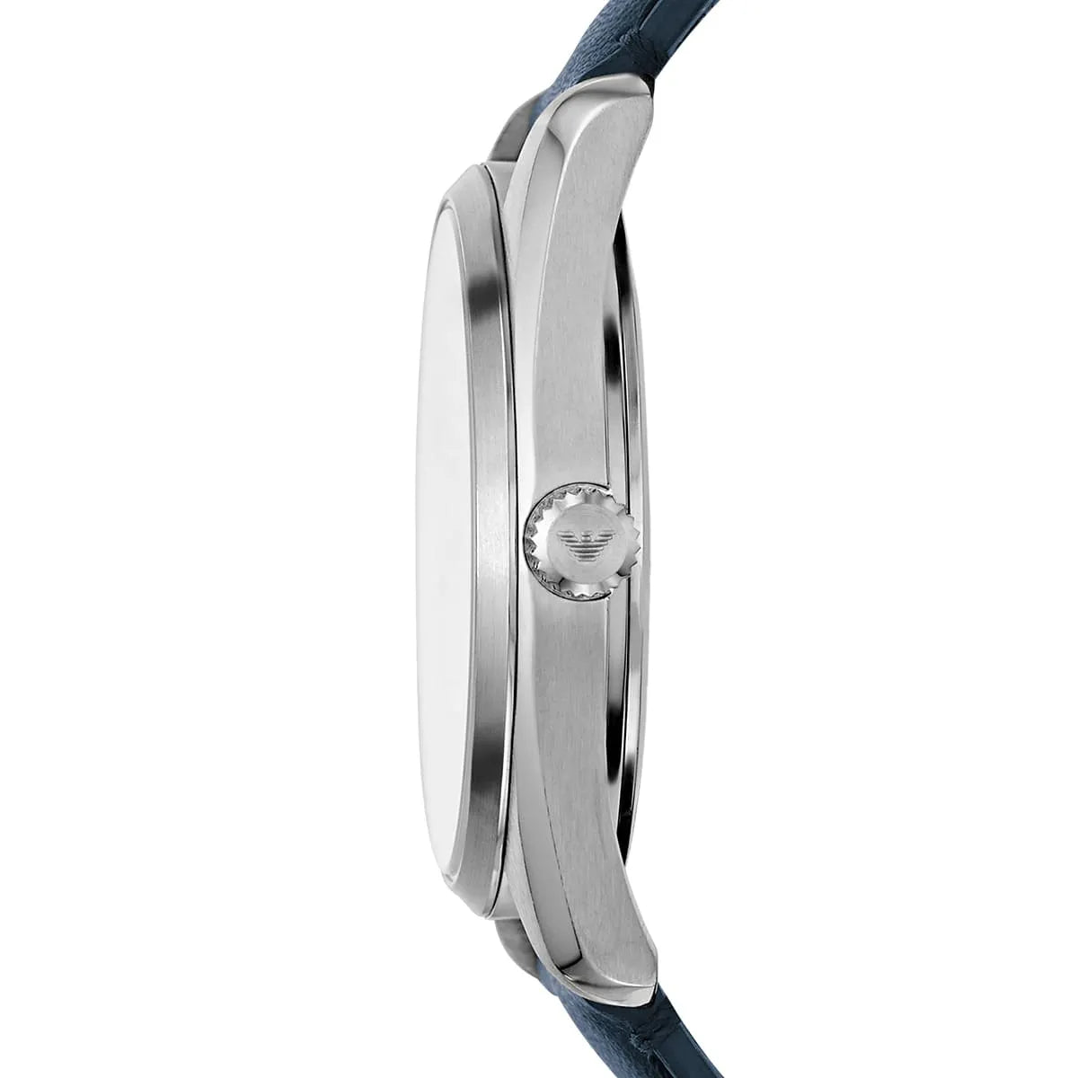 AR6017 watch side profile showing polished silver case and leather strap