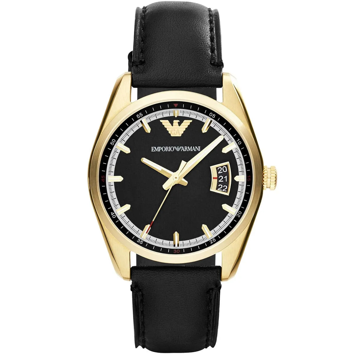 Emporio Armani AR6018 watch with gold-tone case, black dial, gold markers, and black leather strap
