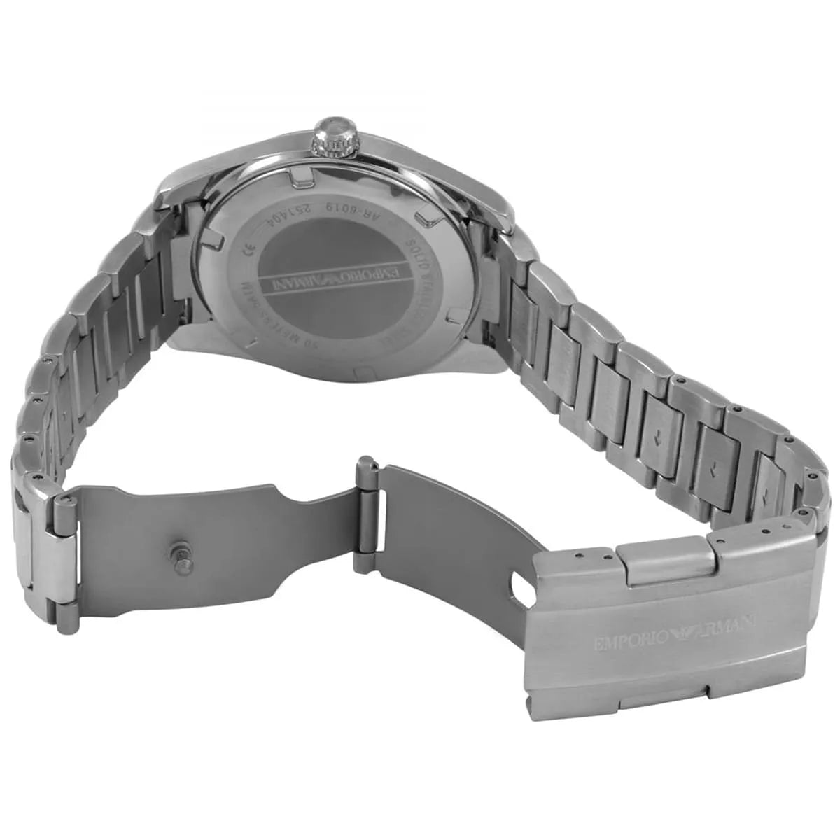 Angled view of Emporio Armani AR6019 New Tazio Medium watch showing case back and stainless steel bracelet