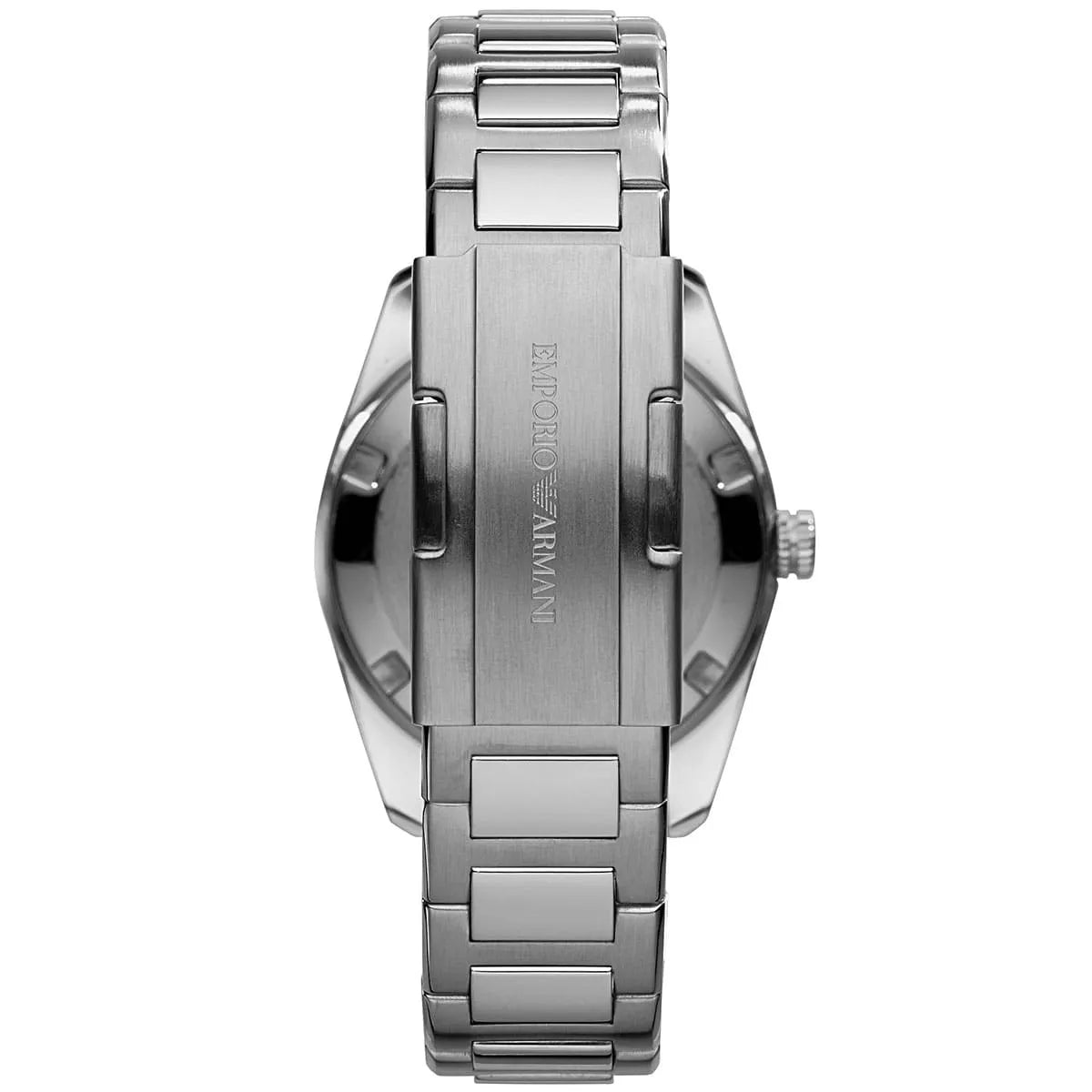 Caseback view of Emporio Armani AR6019 New Tazio Medium watch showing stainless steel with engraved branding