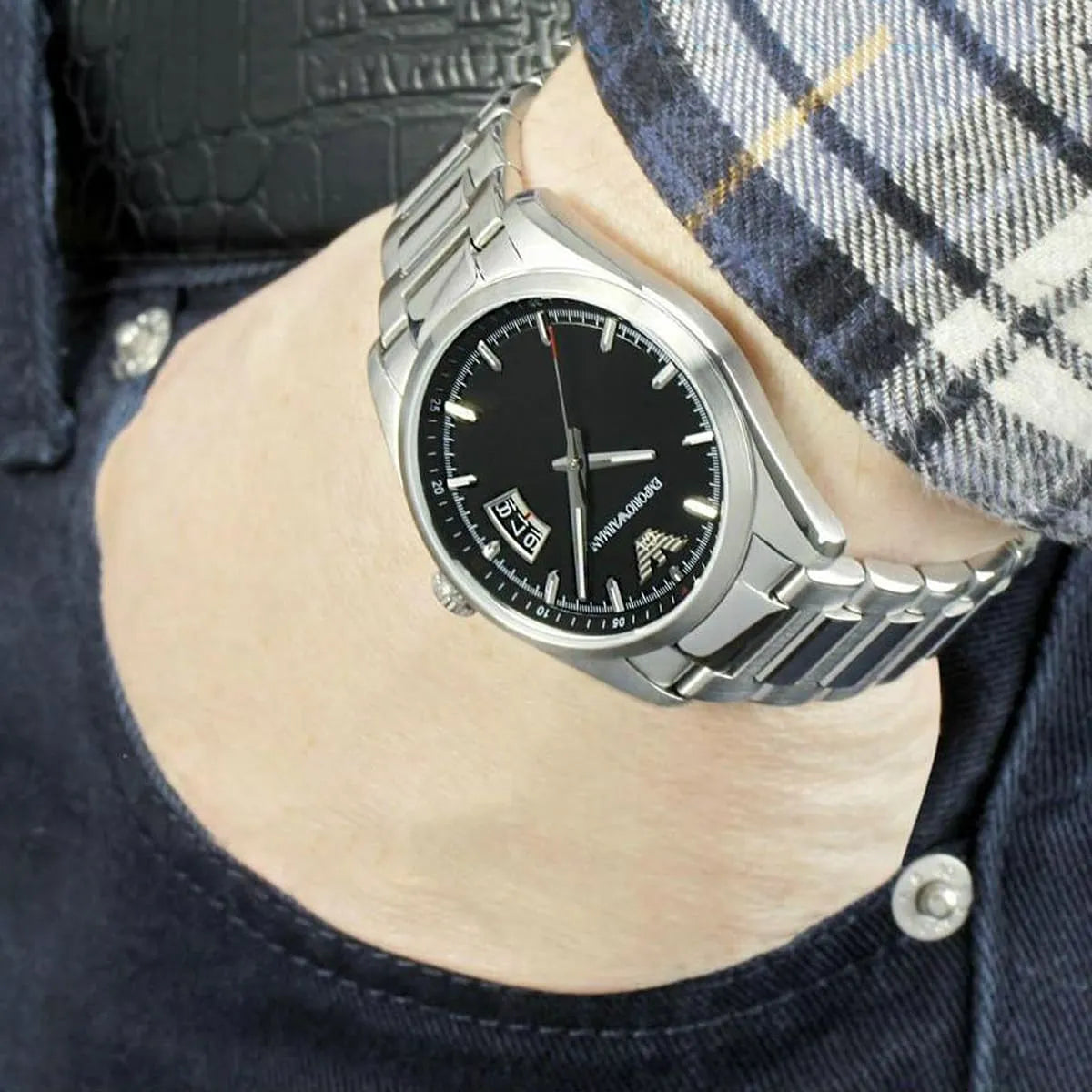 Emporio Armani New Tazio Medium AR6019 watch on wrist showing black dial with date window