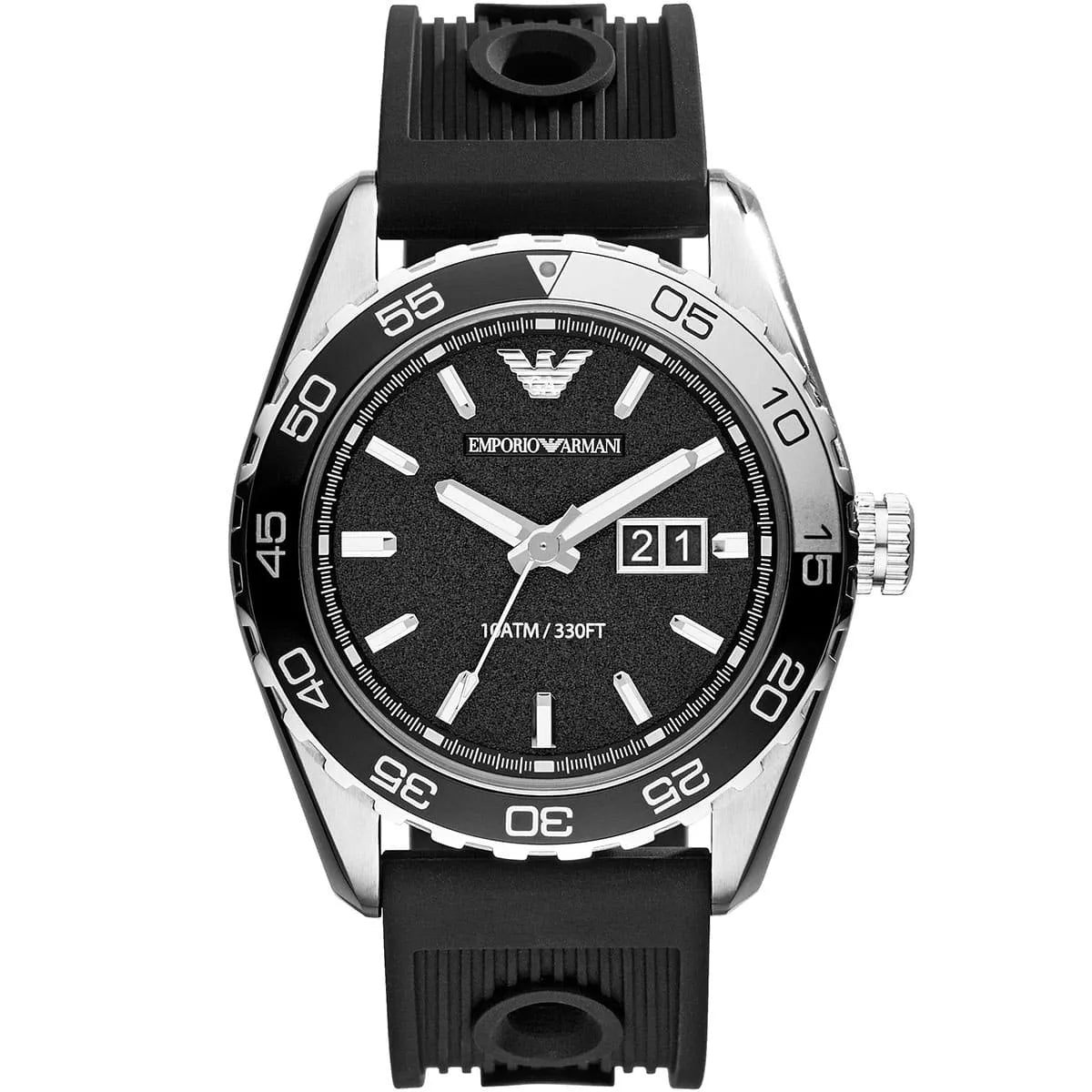 Emporio Armani AR6044 black dial watch with white hands, date window, and black rubber strap