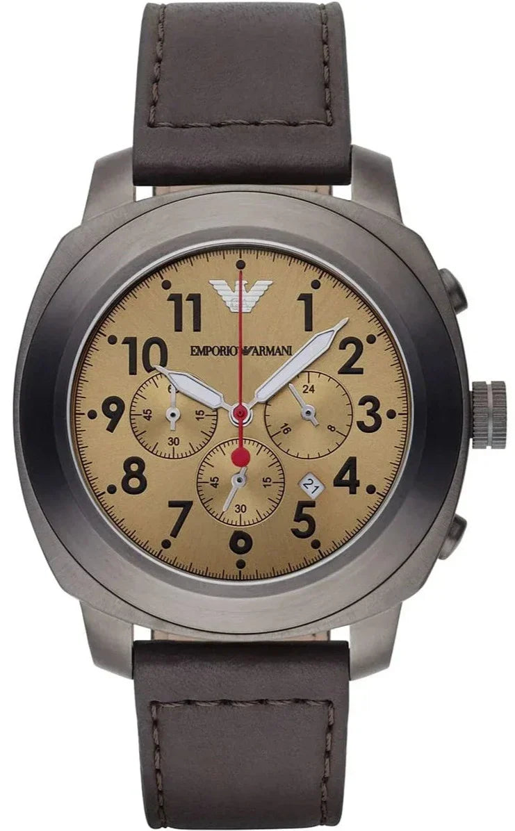 Emporio Armani AR6055 chronograph watch with brown dial and dark leather strap