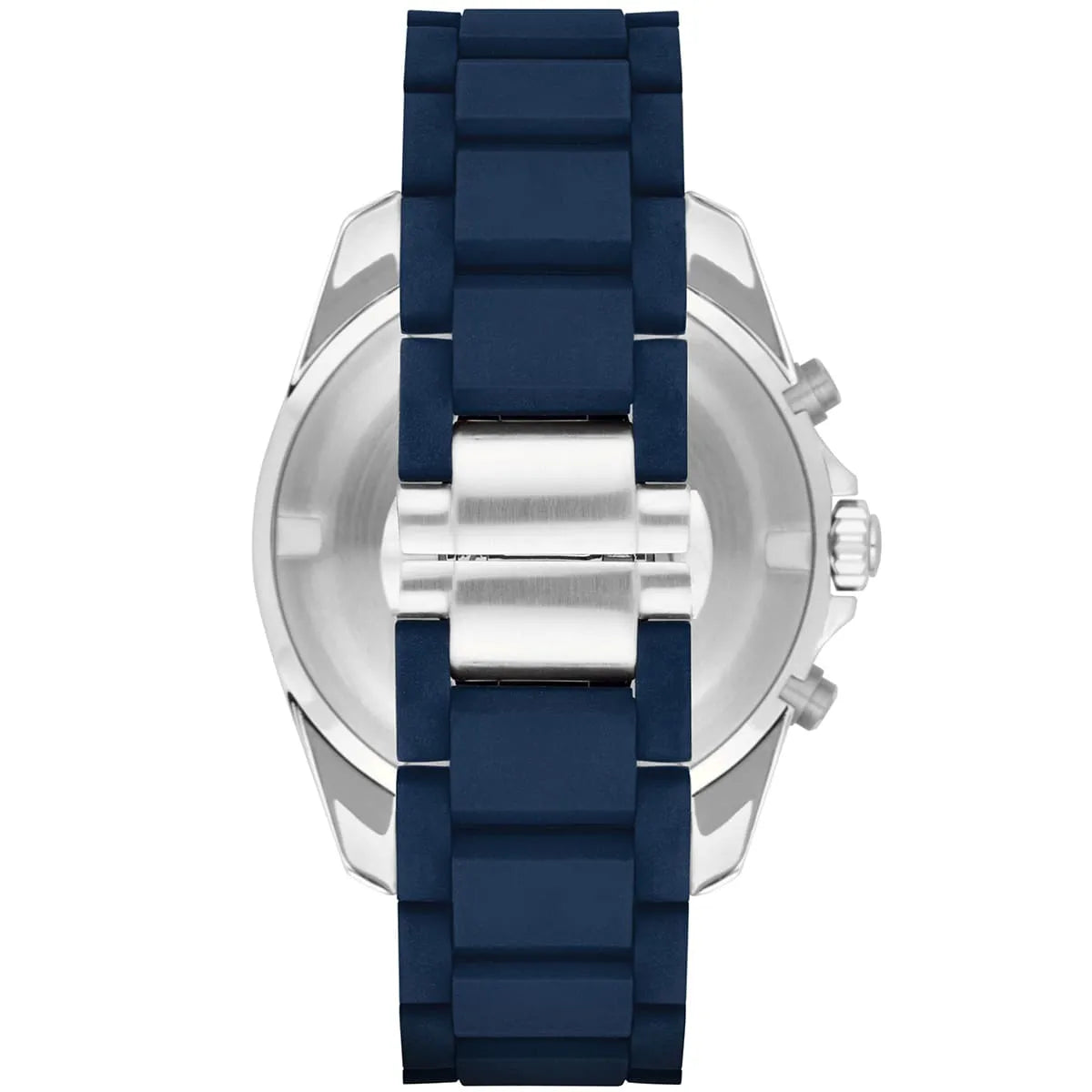 AR6068 Emporio Armani watch caseback view showing blue rubber strap and steel lugs