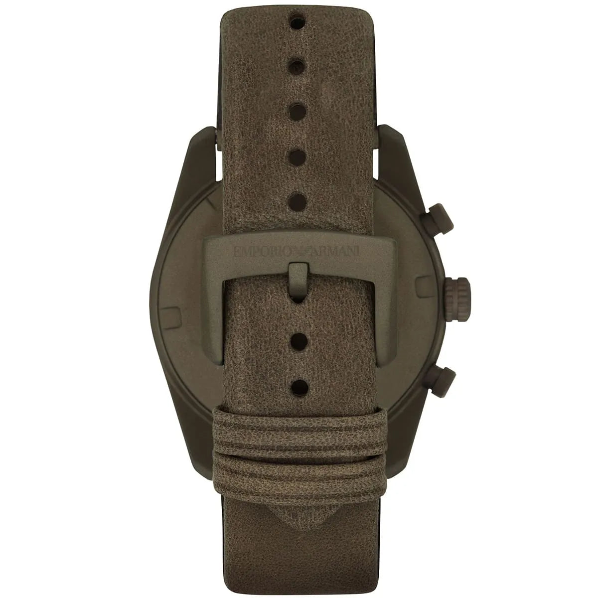 AR6076 Emporio Armani Tazio caseback view showing brown leather strap and buckle