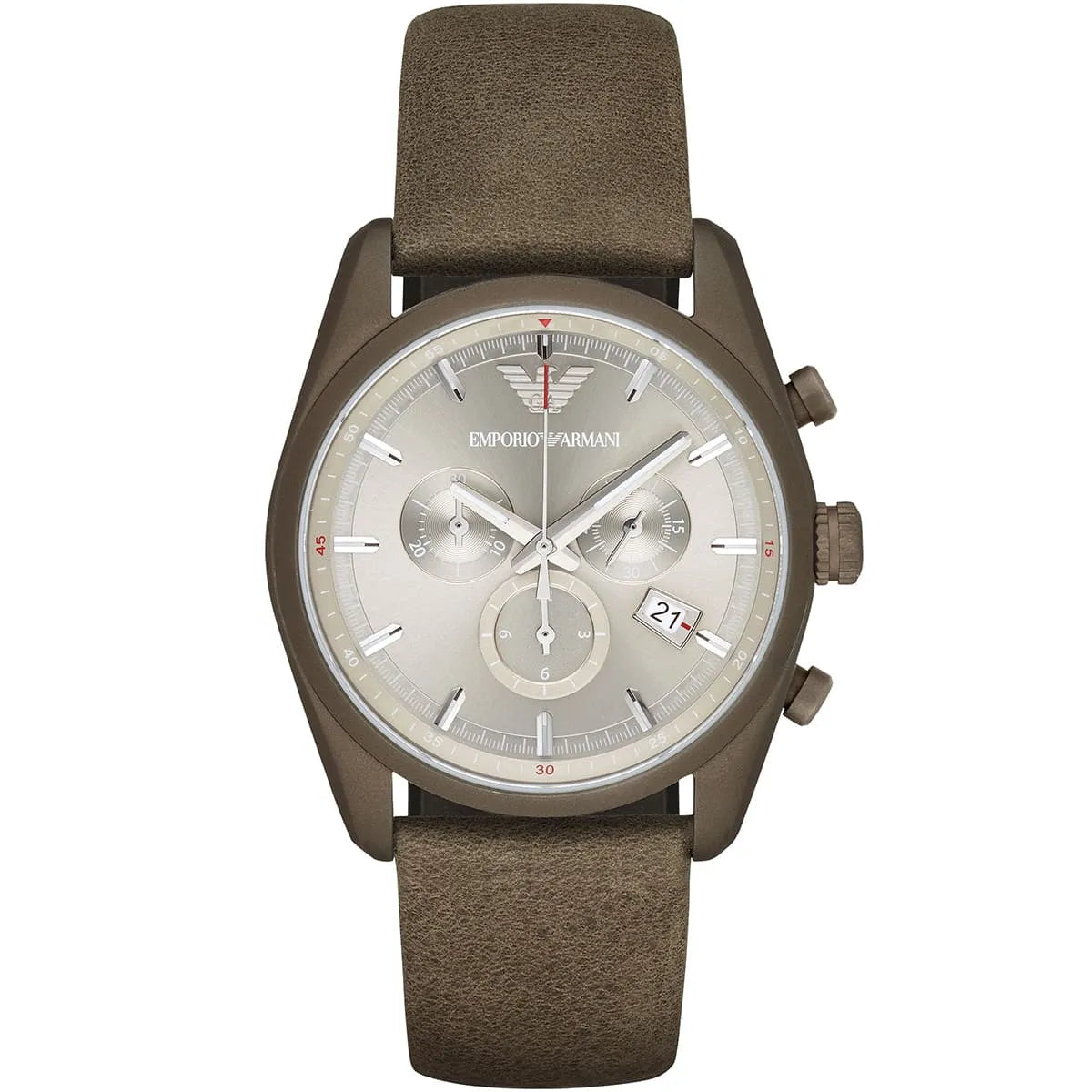 Emporio Armani Tazio AR6076 men's chronograph watch with silver dial and khaki leather strap