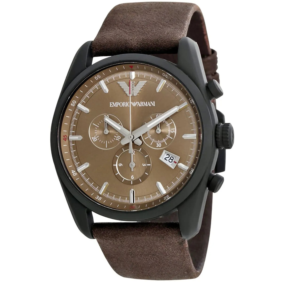 Emporio Armani Sportivo chronograph watch with beige dial and brown leather strap, angled view