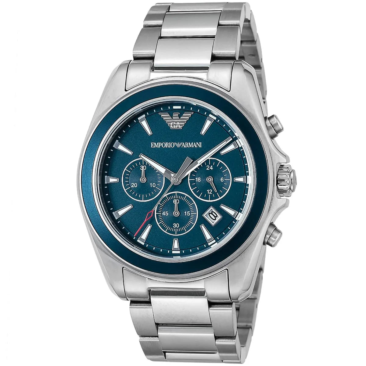 Emporio Armani Tazio Large AR6091 chronograph watch with blue dial and silver metal strap