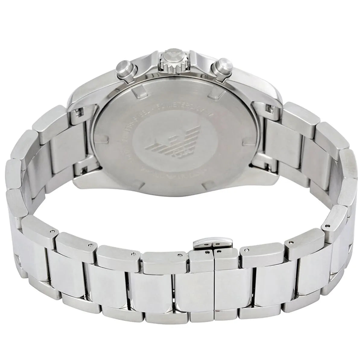 Caseback of Emporio Armani Tazio Large chronograph with metal bracelet and eagle logo