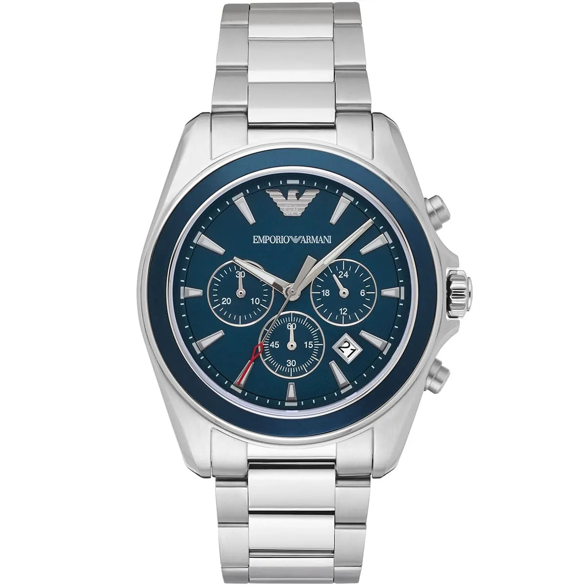 Emporio Armani Tazio Large men's chronograph watch with blue dial and silver stainless steel bracelet