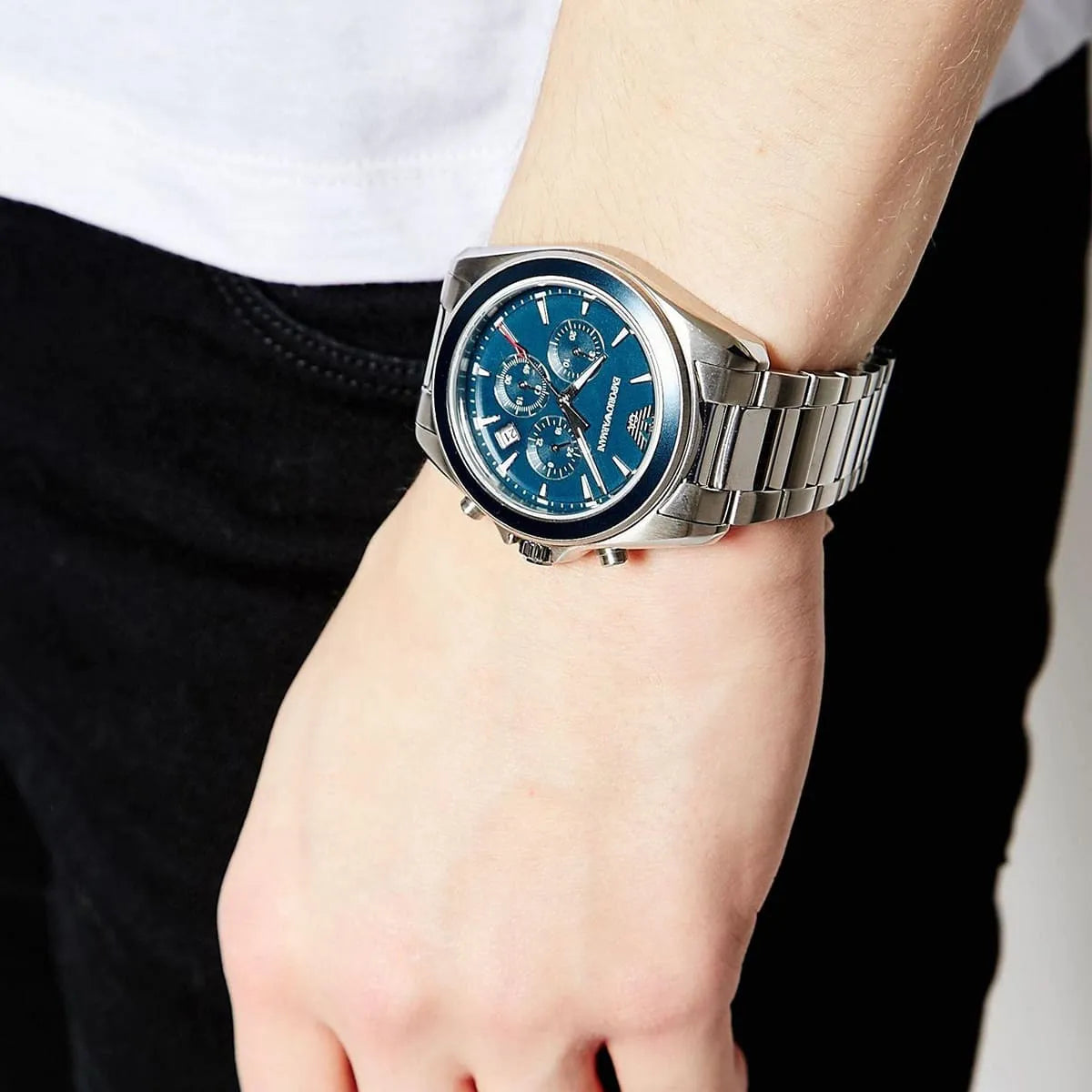 Emporio Armani Tazio Large watch worn on wrist showing blue dial and chronograph subdials