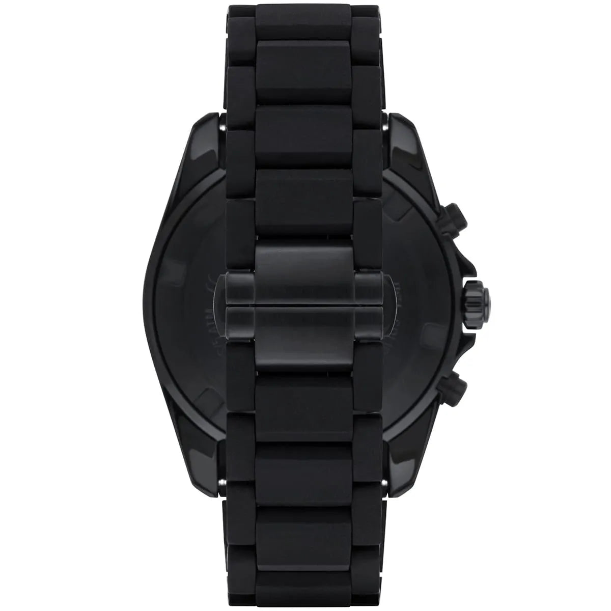 Case back view of Emporio Armani Sigma showing sealed rear case with black strap