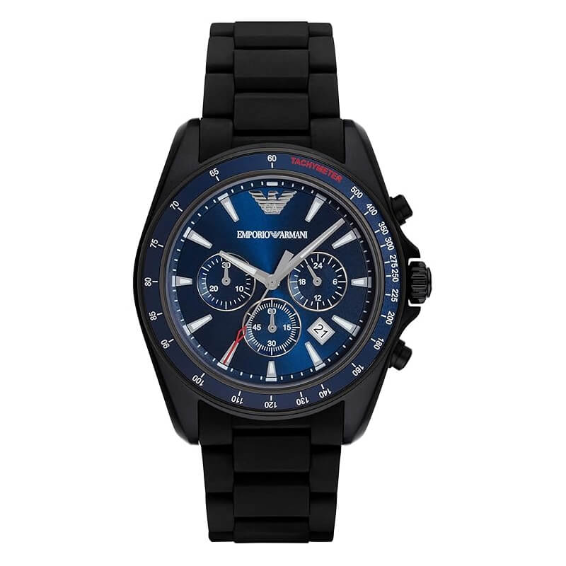 Emporio Armani Sigma chronograph watch with blue dial and black silicone strap