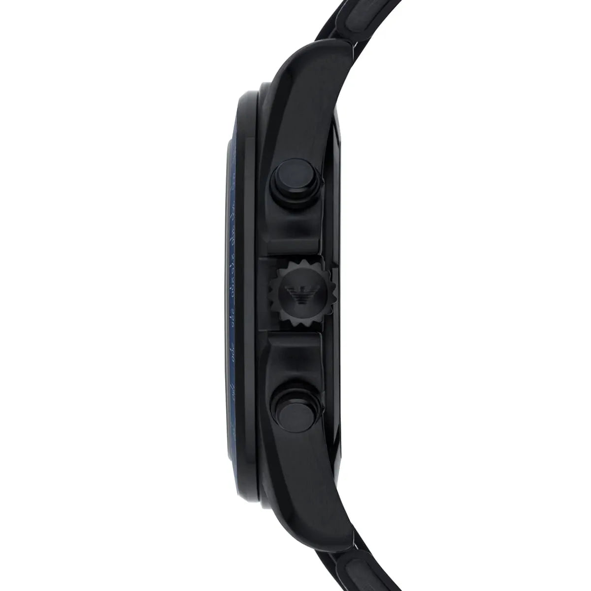 Side profile of Sigma watch showing black chronograph pushers and case thickness