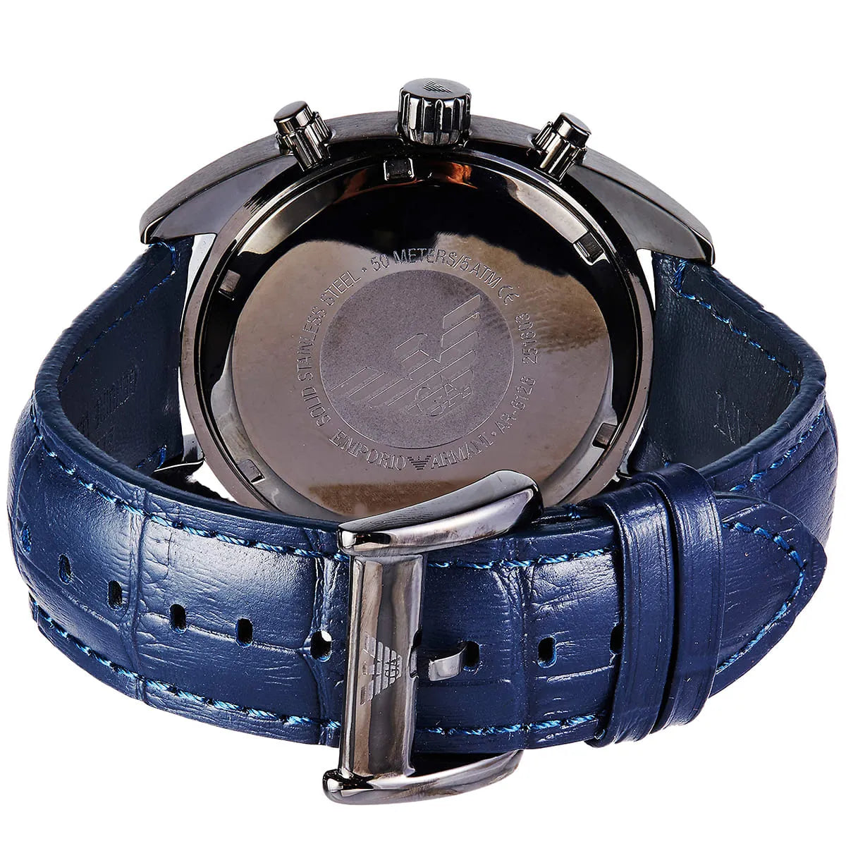 AR6126 Emporio Armani chronograph watch with blue dial, leather strap, and steel case
